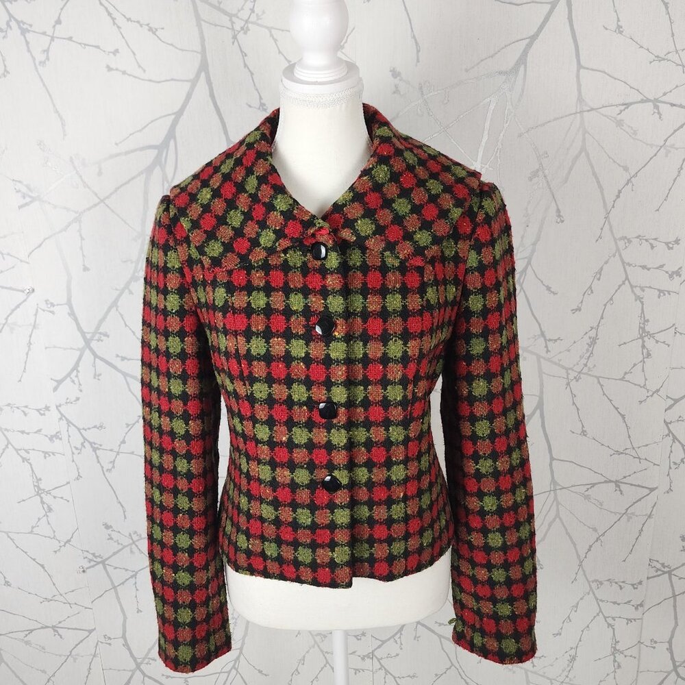 Grace Elements Red Green Checks 45% Wool Tweed Cropped Jacket